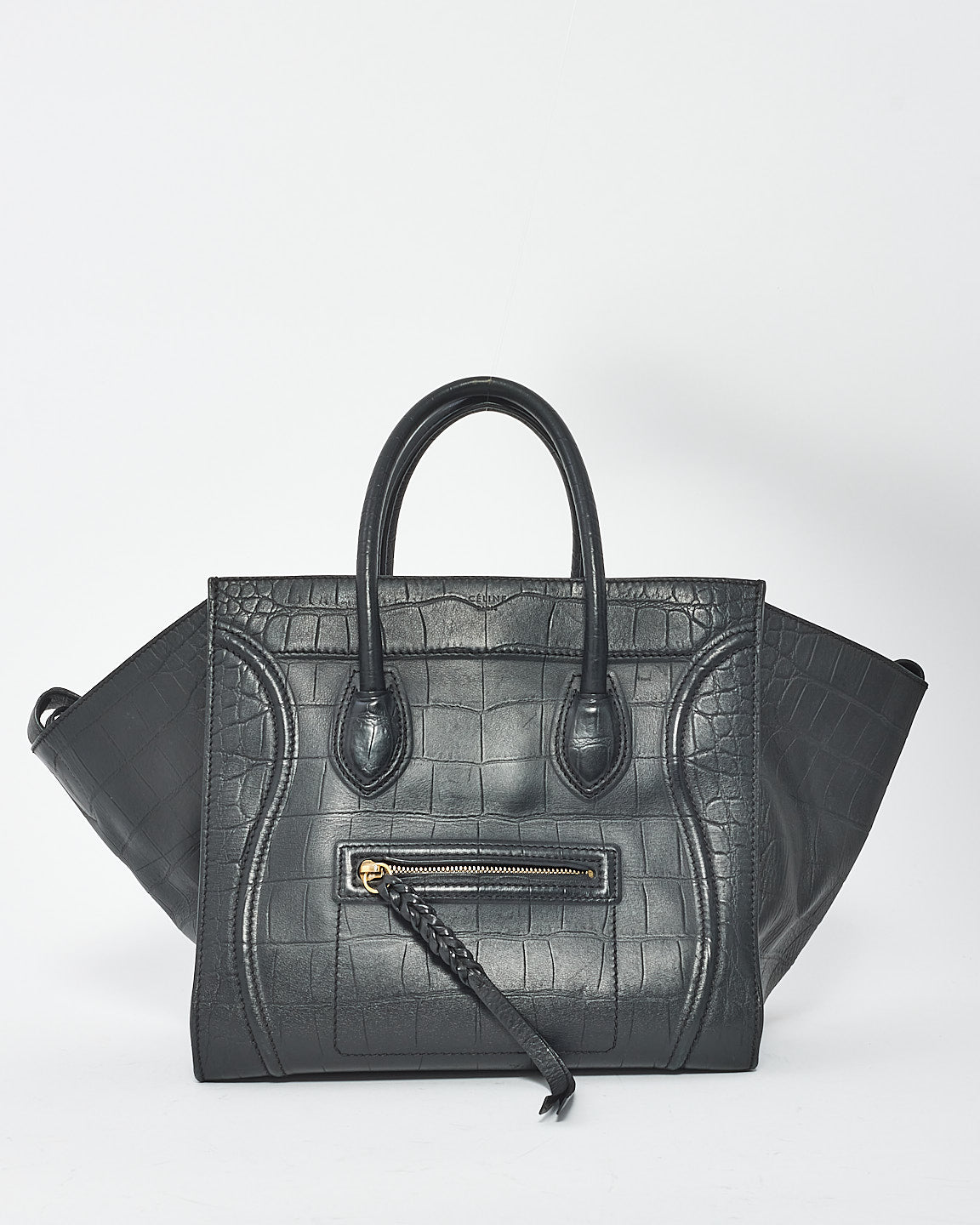 Celine Black Croc Embossed Leather Phantom Luggage Medium Tote Bag