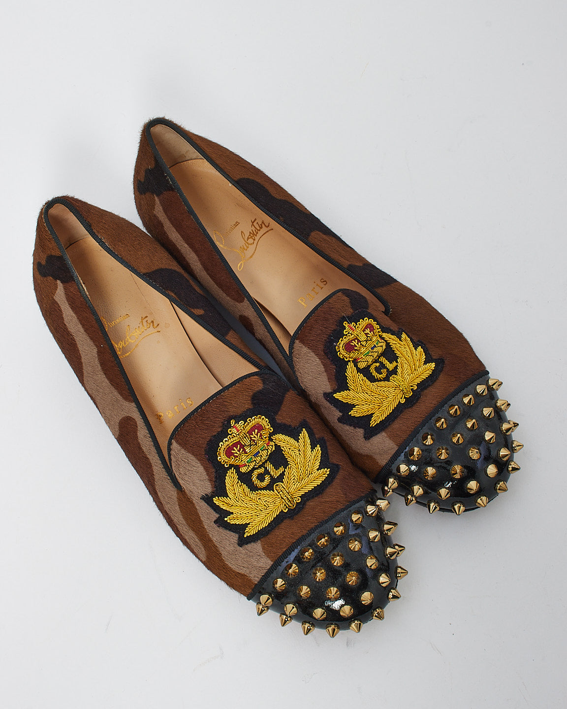 Christian Louboutin Brown Pony Hair Animal Spikes Intern Flat Loafers - 38.5