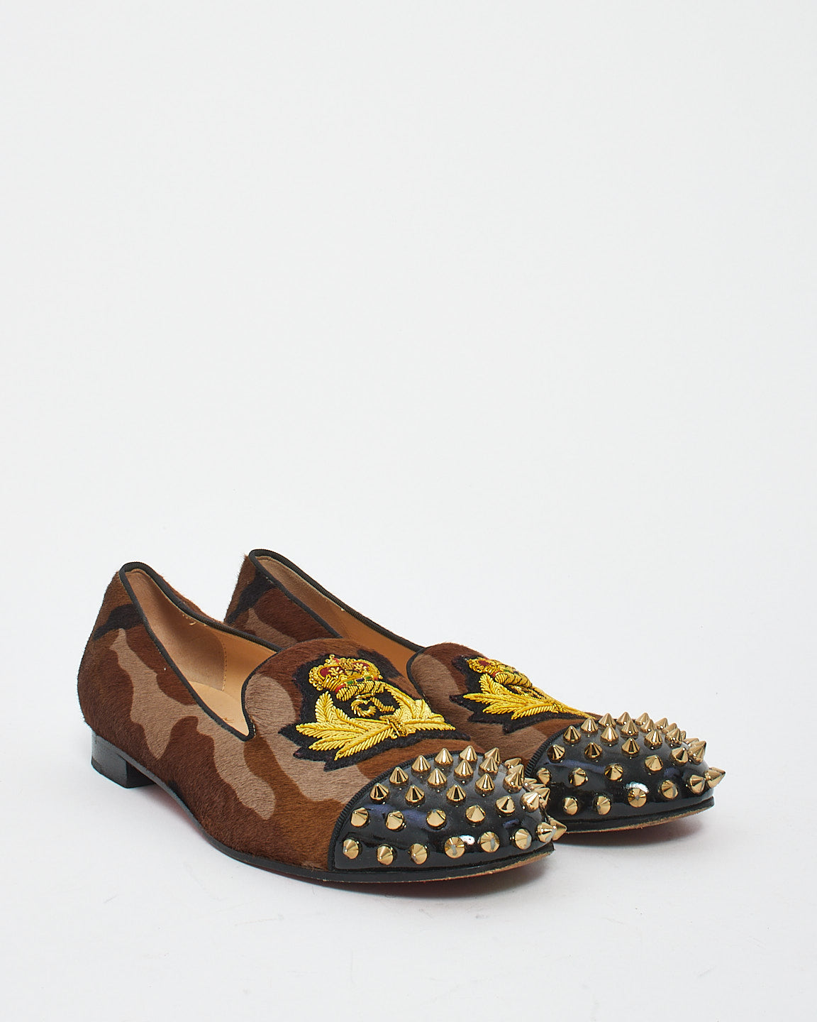 Christian Louboutin Brown Pony Hair Animal Spikes Intern Flat Loafers - 38.5