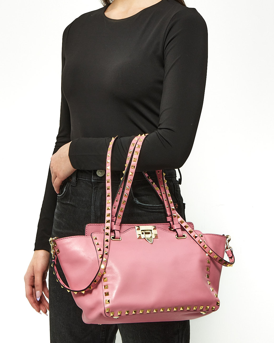 Sac cabas Rockstud en cuir rose Valentino