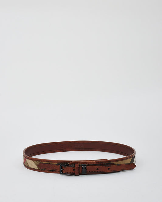 Burberry Brown Leather 
Canvas Check Print Leather Belt - 36/90