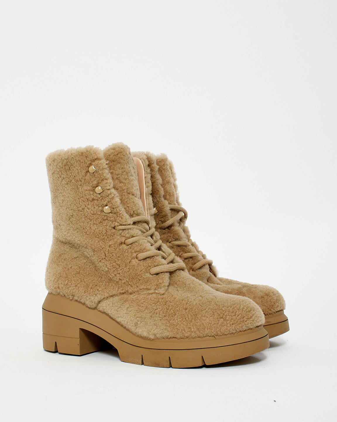 Stuart Weitzman Beige Shearling McKenzee Combat Boots - 38.5