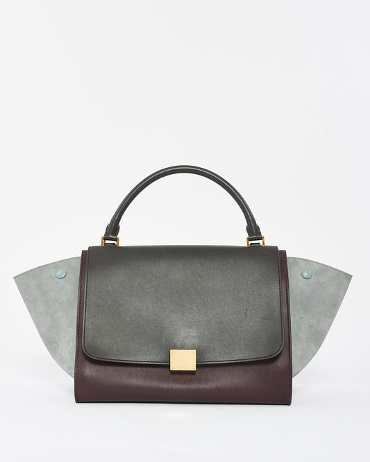 Sac trapèze tricolore en cuir bordeaux et daim gris Celine