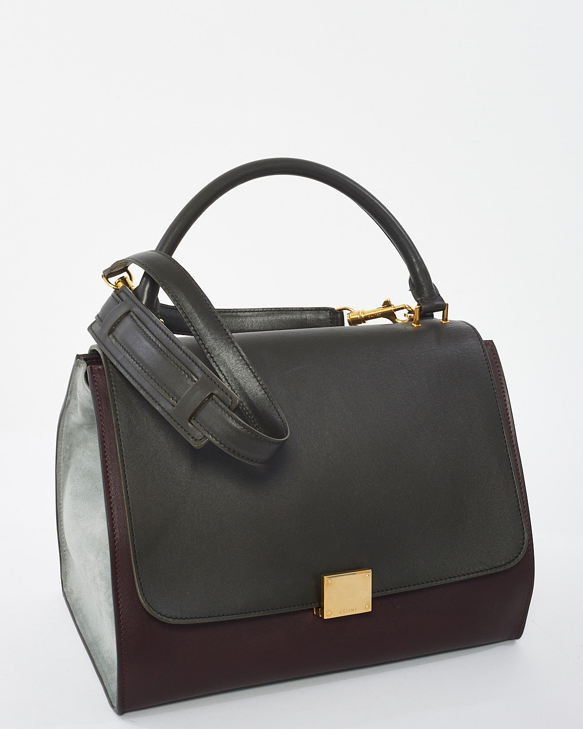 Celine Burgundy Leather and Grey Suede Tri-Color Trapeze Bag