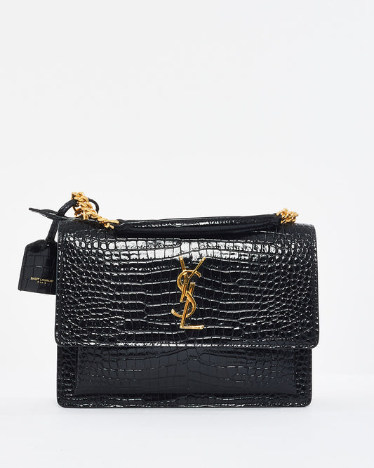 Saint Laurent Black Croc Embossed Leather Medium Sunset Shoulder Bag