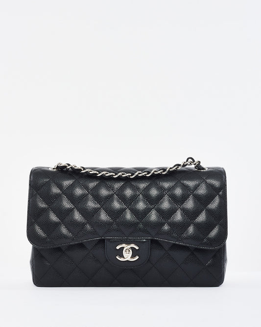 Double rabat géant en cuir caviar matelassé noir Chanel avec SHW