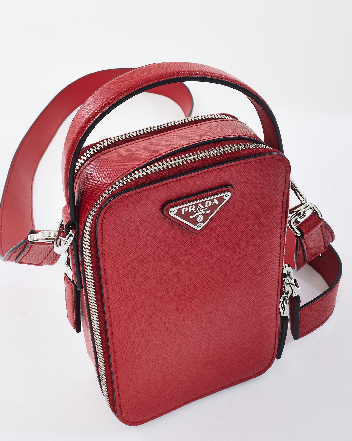 Prada Red Saffiano Leather Brique Vertical Crossbody Bag