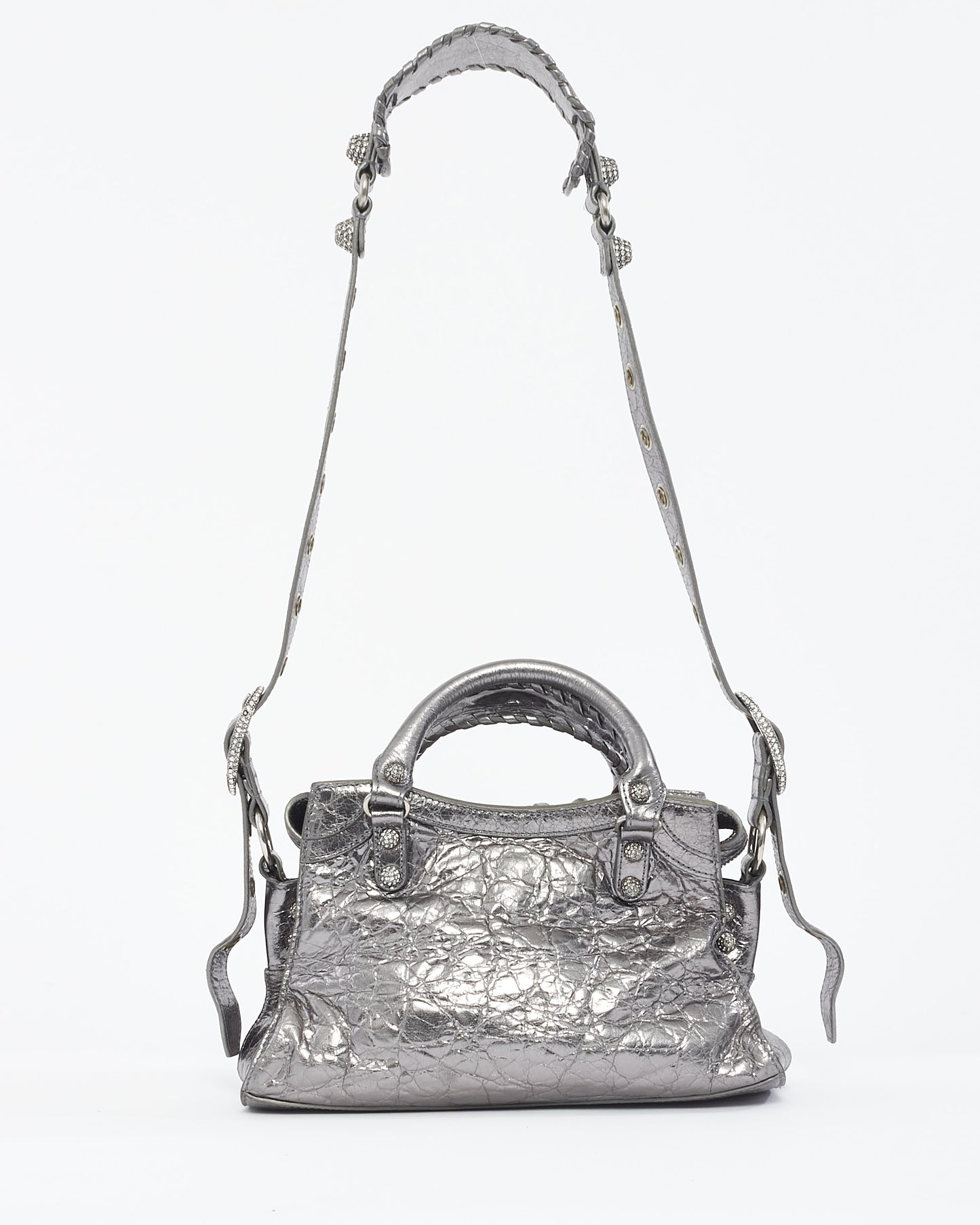 Balenciaga Gunmetal 
Rhinestone Leather Neo Cagole XS Tote Bag