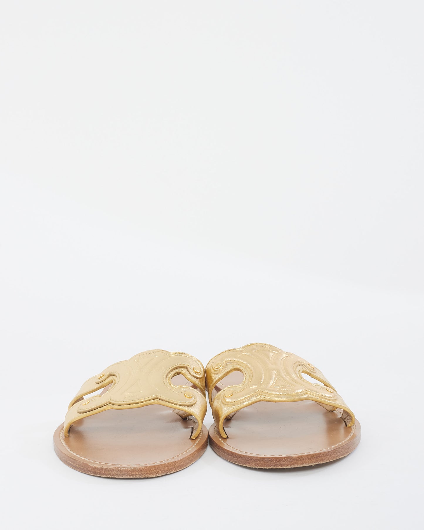 Celine Gold Leather Triomphe Flat Mule Sandals - 39