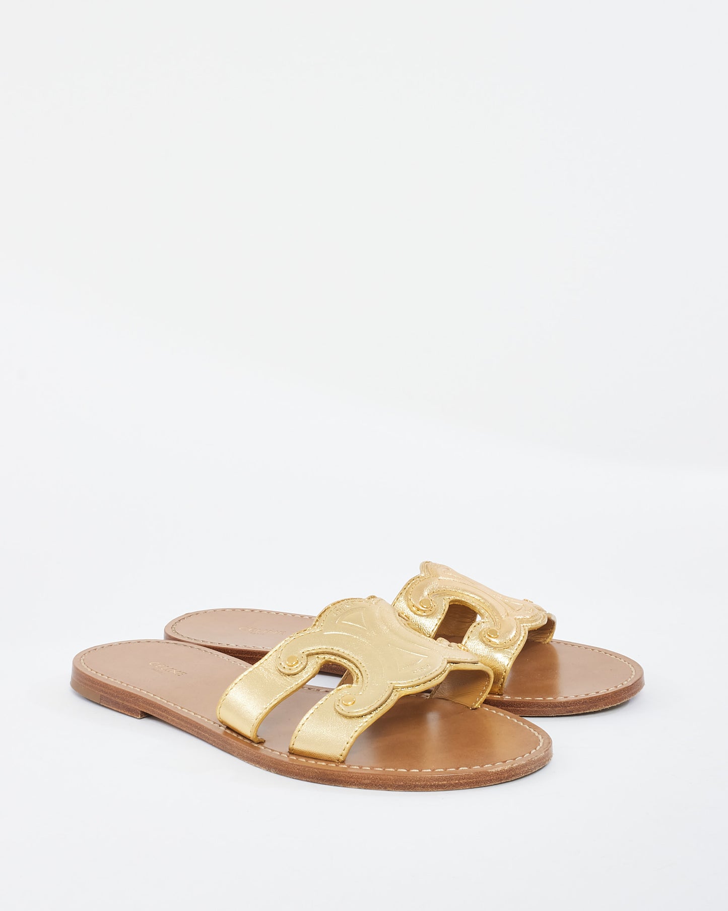 Celine Gold Leather Triomphe Flat Mule Sandals - 39