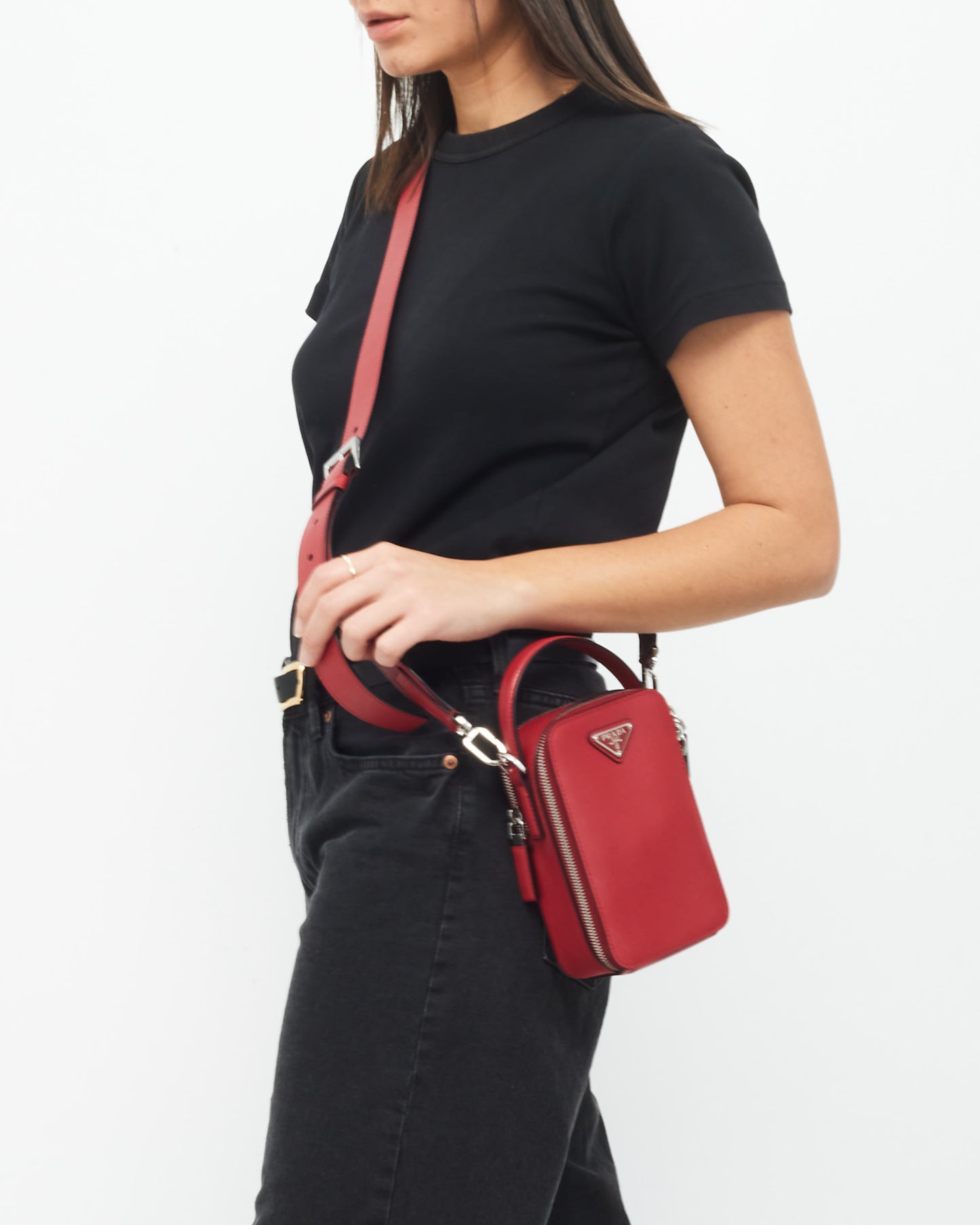 Prada Red Saffiano Leather Brique Vertical Crossbody Bag