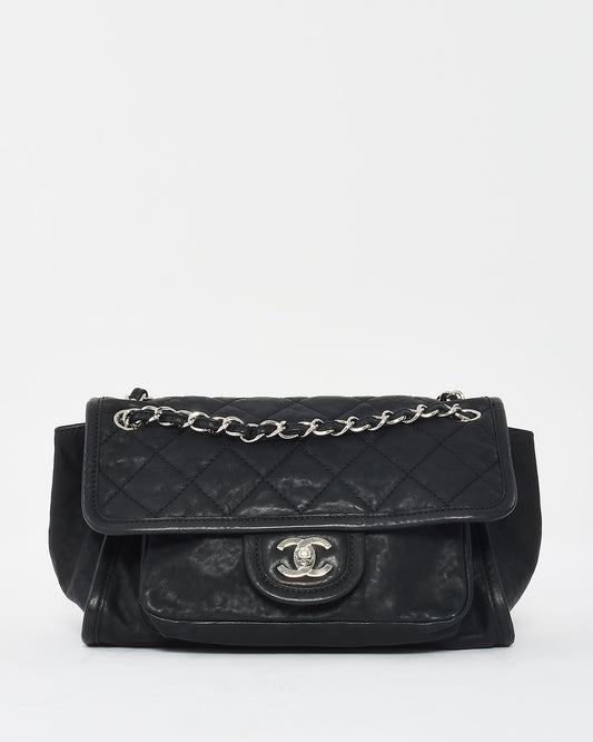 Sac à rabat à double poche en cuir de veau noir Chanel SHW