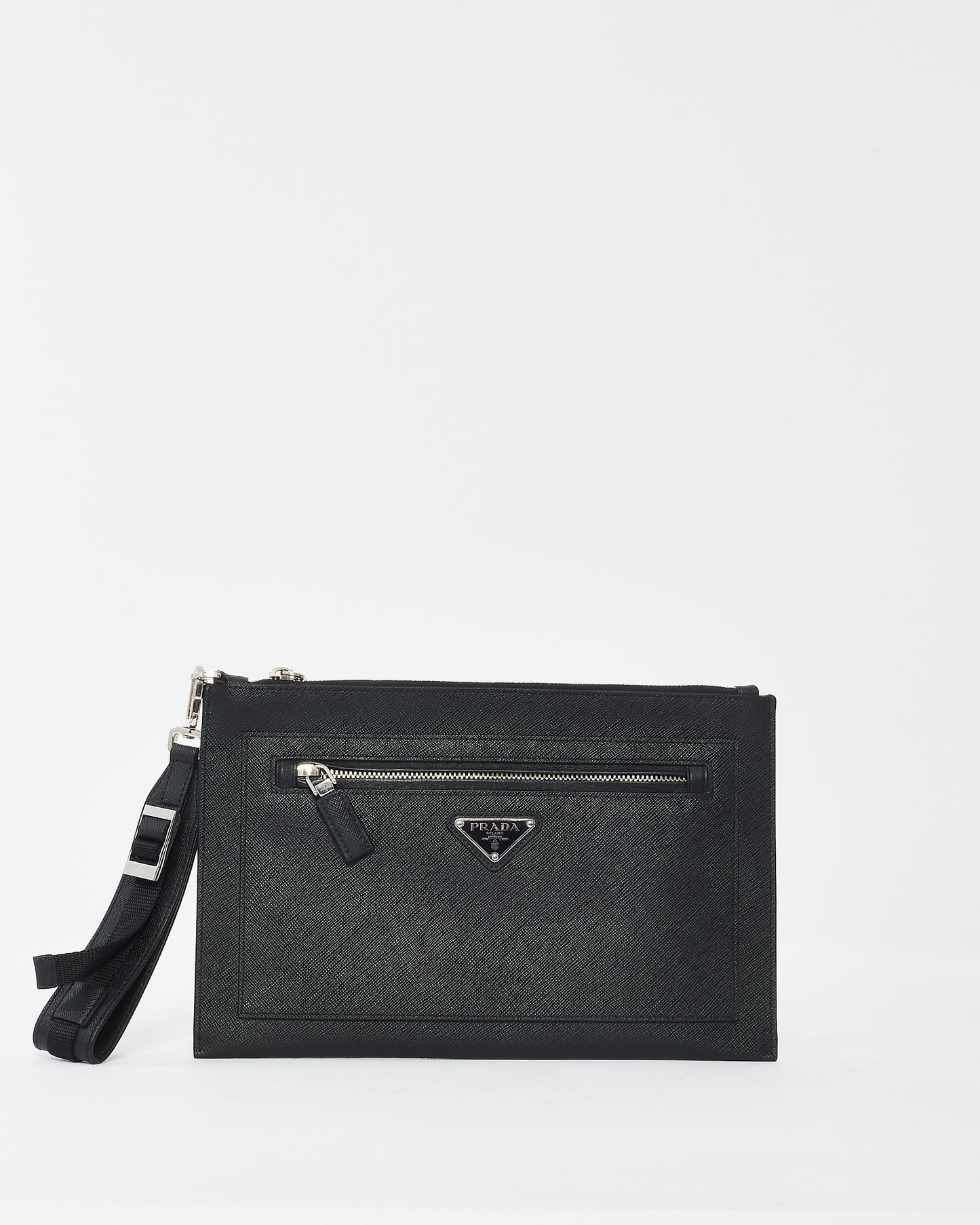 Prada Black Saffiano Leather Logo Wristlet Clutch