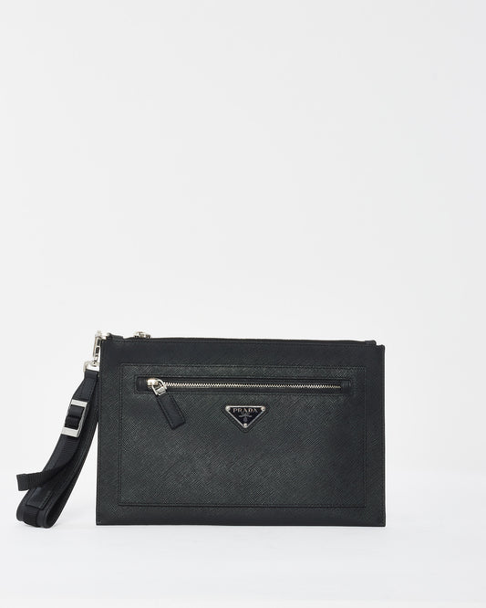 Prada Black Saffiano Leather Logo Wristlet Clutch