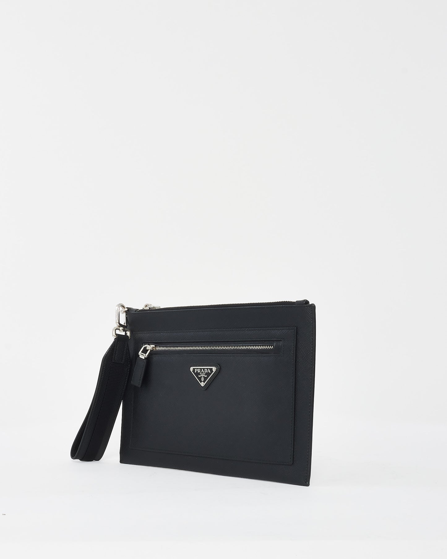 Prada Black Saffiano Leather Logo Wristlet Clutch