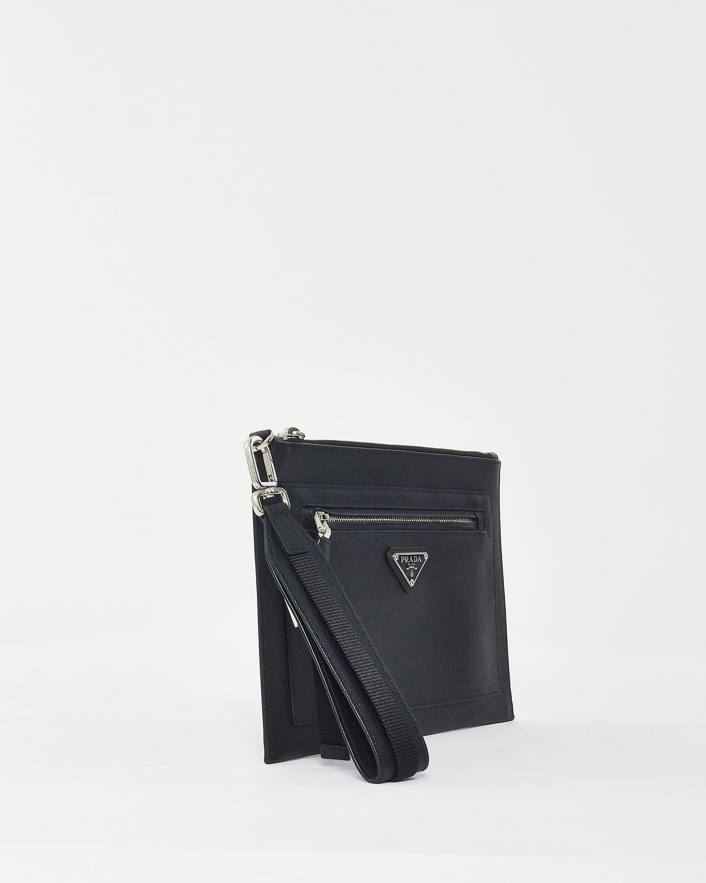 Prada Black Saffiano Leather Logo Wristlet Clutch