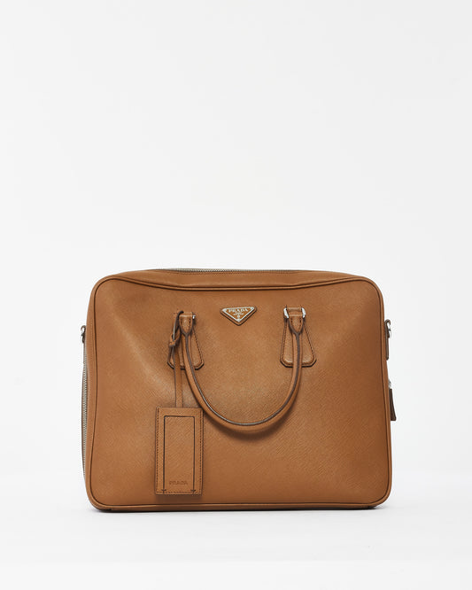 Sac de travail en cuir Saffiano beige Prada