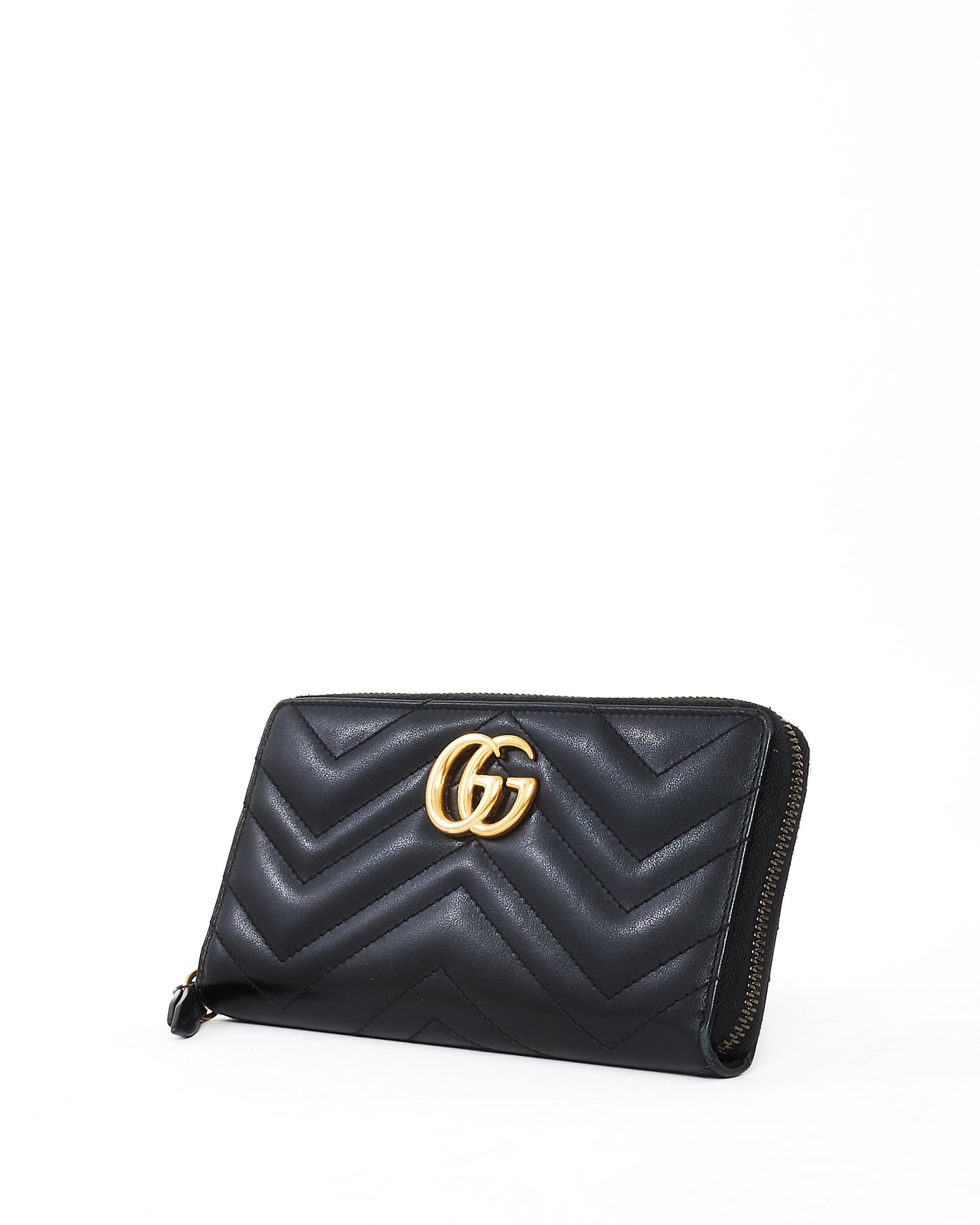 Gucci Black Matlasseé Leather GG Marmont Zip Around Wallet