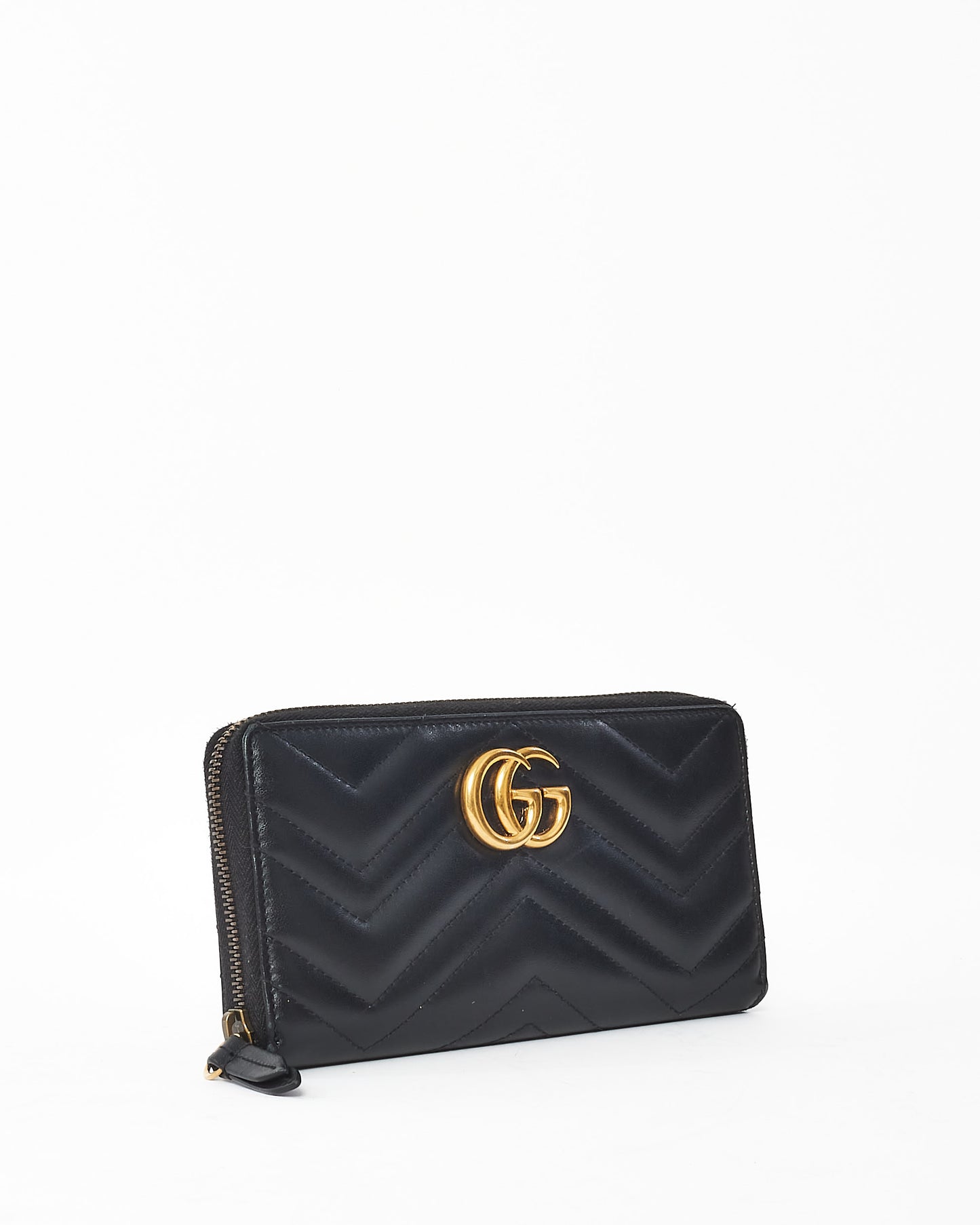 Gucci Black Matlasseé Leather GG Marmont Zip Around Wallet