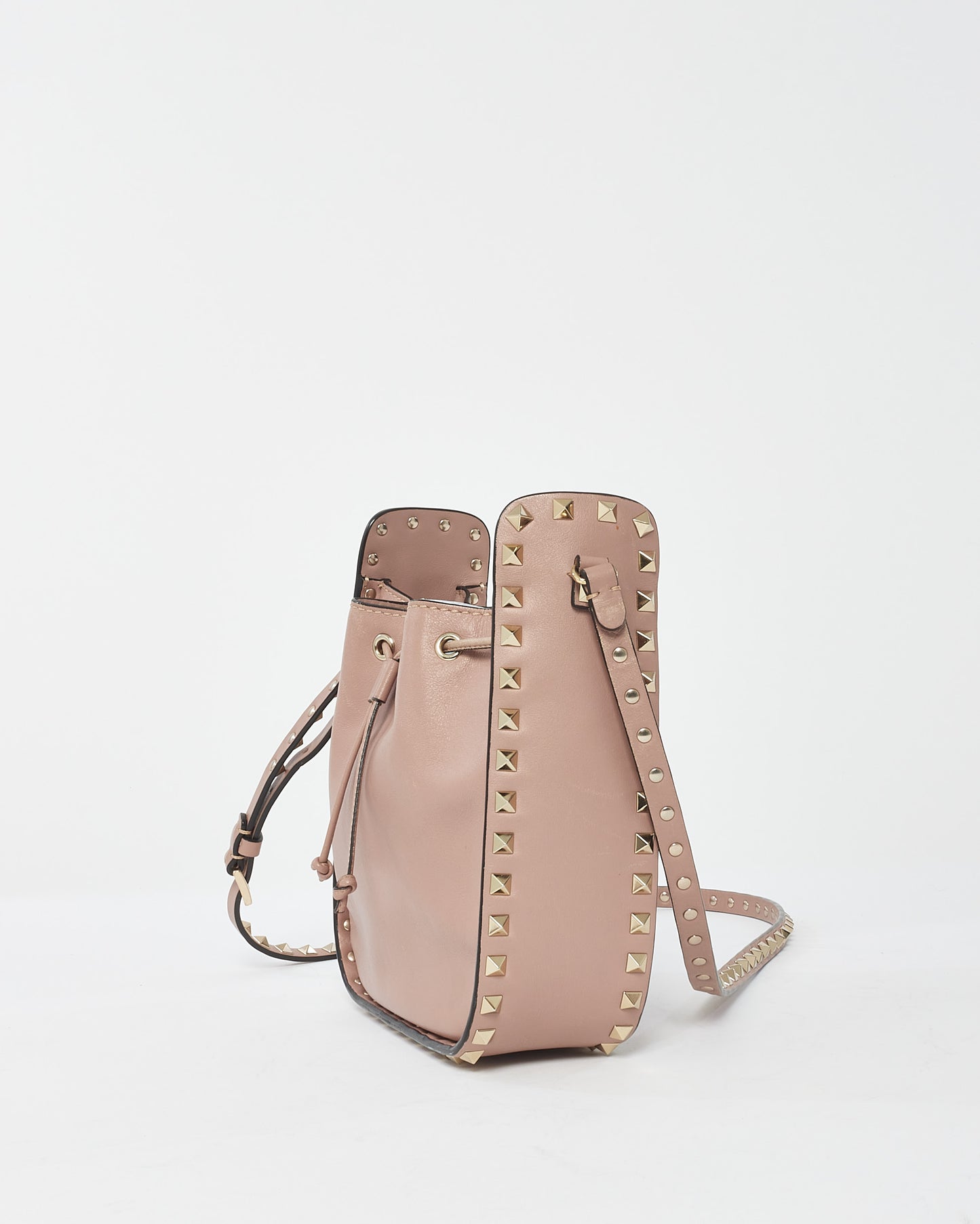 Valentino Blush Leather Rockstud Drawstring Small Bucket Bag