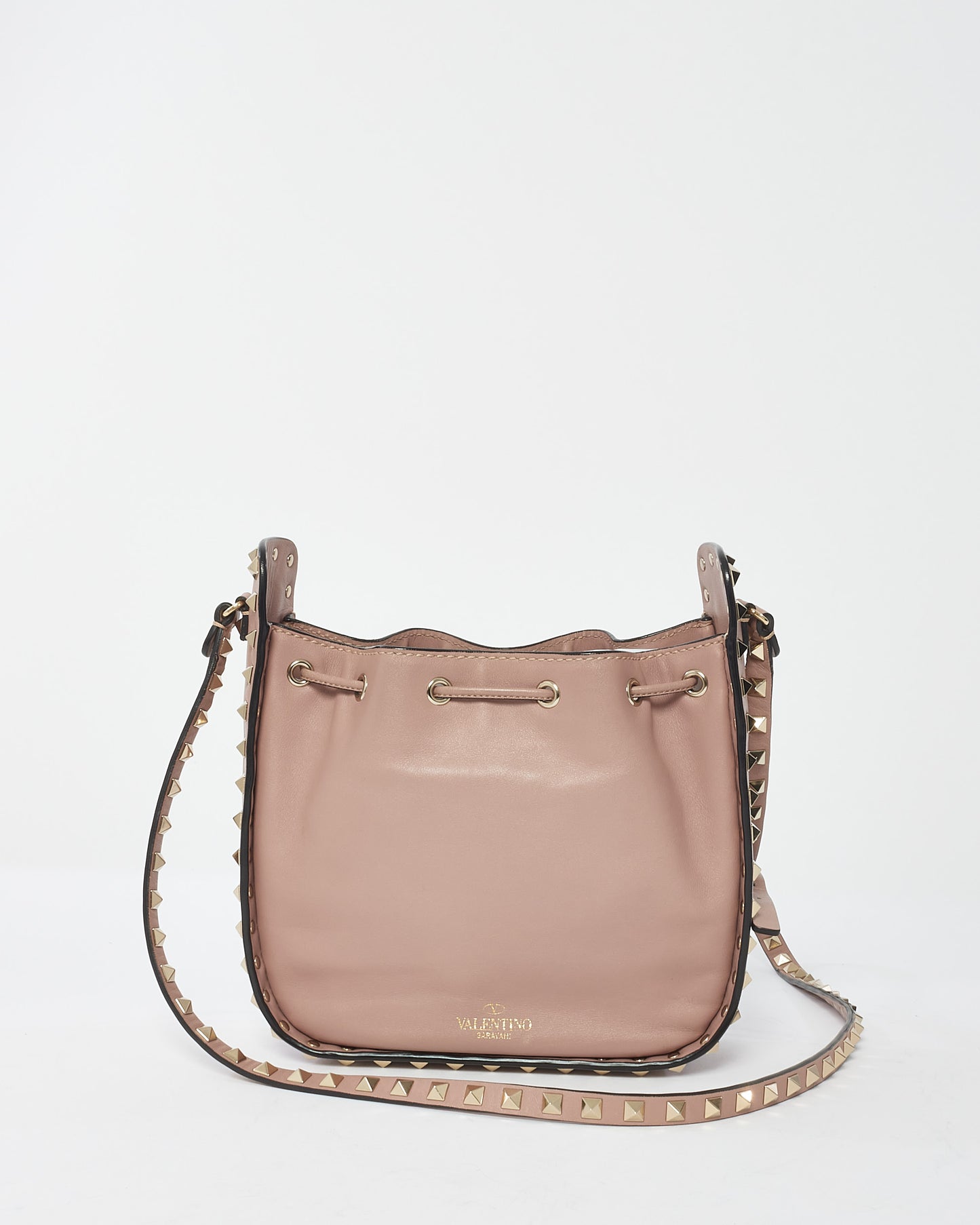 Valentino Blush Leather Rockstud Drawstring Small Bucket Bag