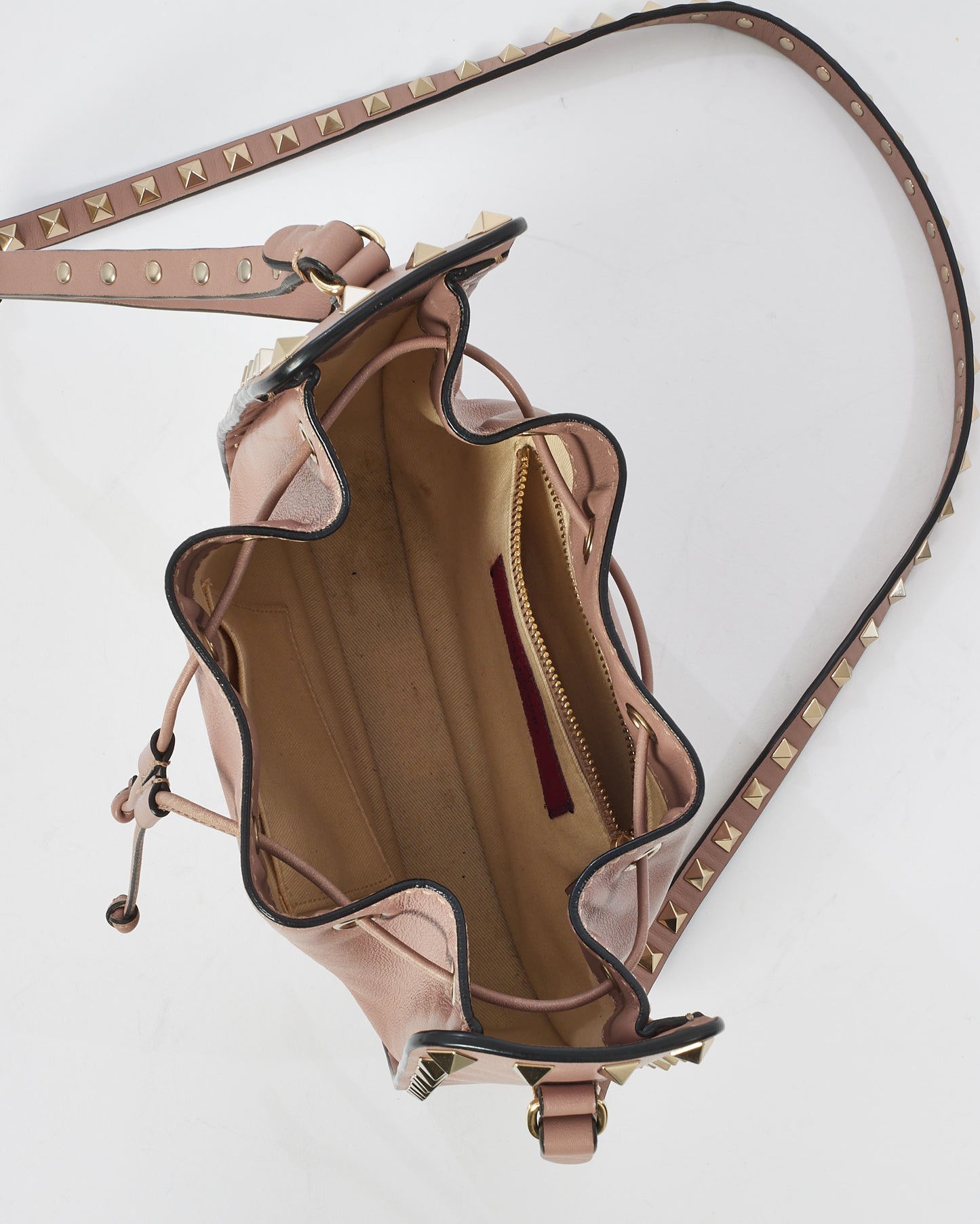 Valentino Blush Leather Rockstud Drawstring Small Bucket Bag