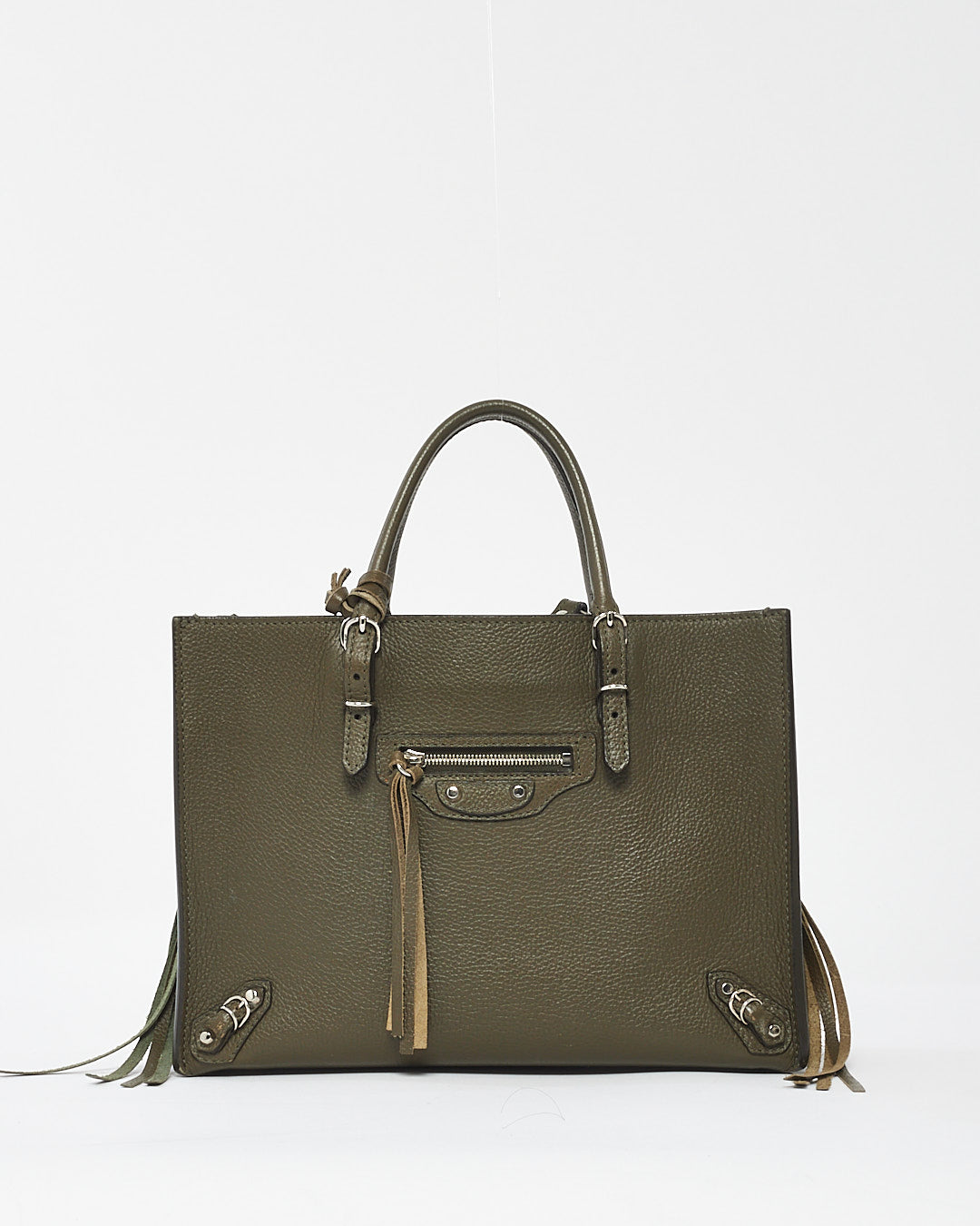 Balenciaga Olive Green Leather Mini Papier A6 Zip Around Tote Bag