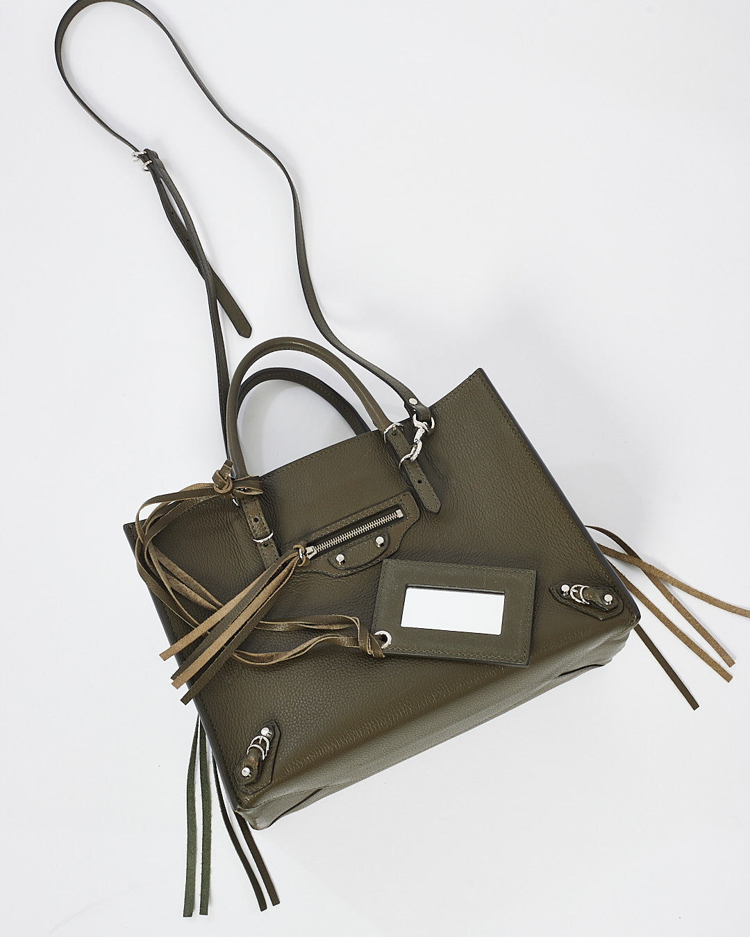 Balenciaga Olive Green Leather Mini Papier A6 Zip Around Tote Bag