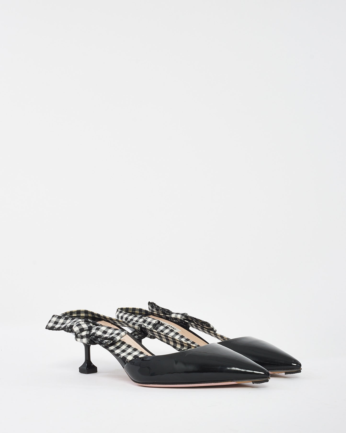 Miu Miu Black Patent Point Toe Plaid Bow Sling Back Kitten Heel - 39