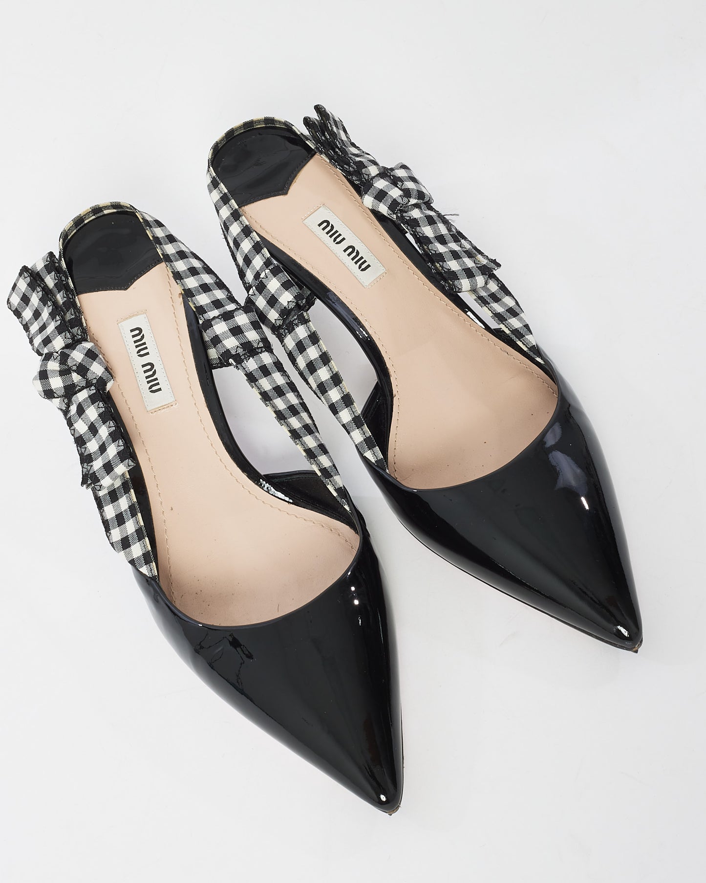 Miu Miu Black Patent Point Toe Plaid Bow Sling Back Kitten Heel - 39