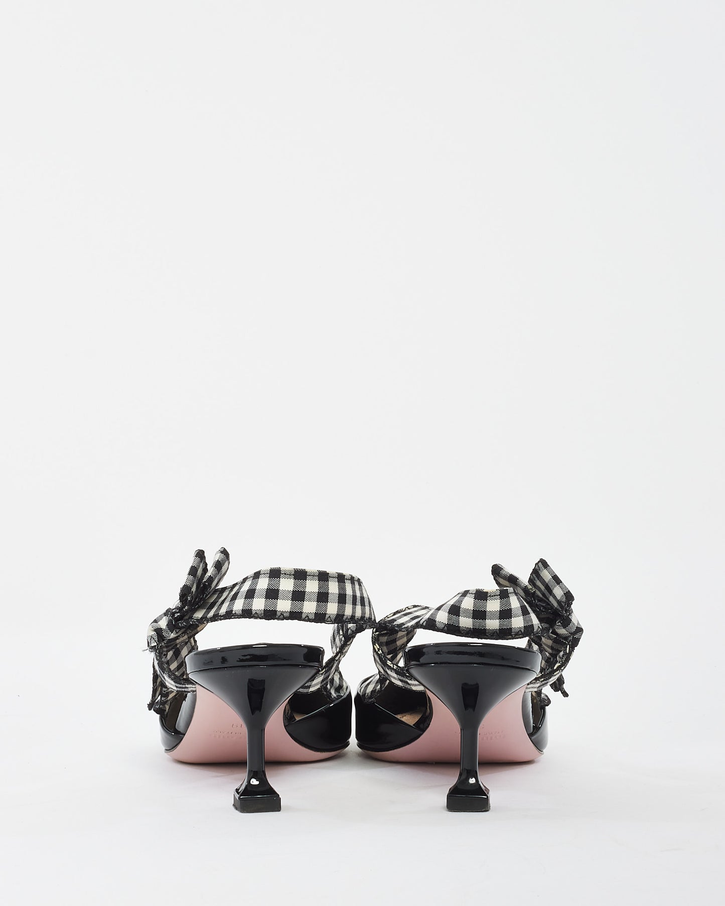 Miu Miu Black Patent Point Toe Plaid Bow Sling Back Kitten Heel - 39