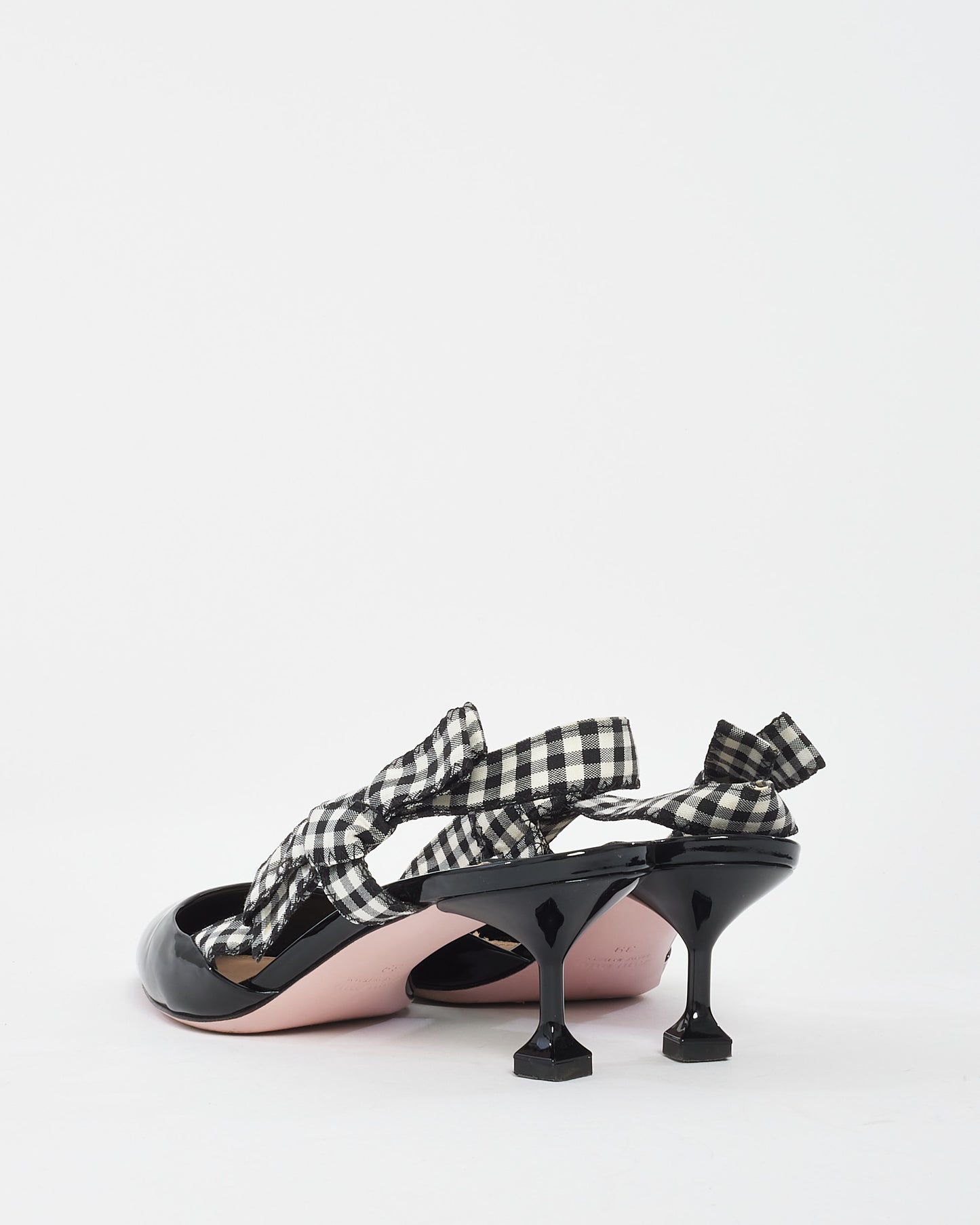 Miu Miu Black Patent Point Toe Plaid Bow Sling Back Kitten Heel - 39