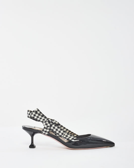 Miu Miu Black Patent Point Toe Plaid Bow Sling Back Kitten Heel - 39