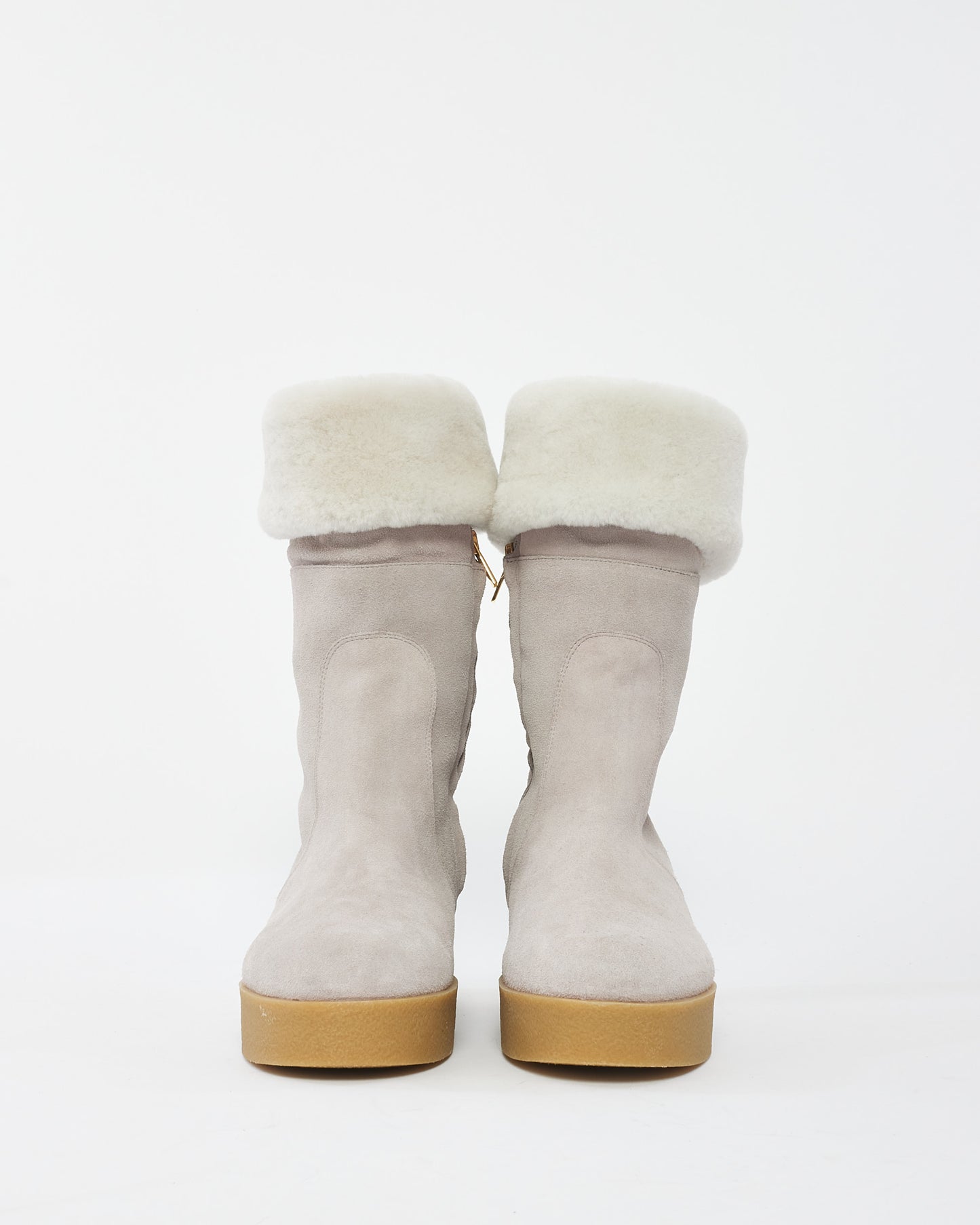 Salvatore Ferragamo Grey Suede 
Fur Wedge Boots - 8.5