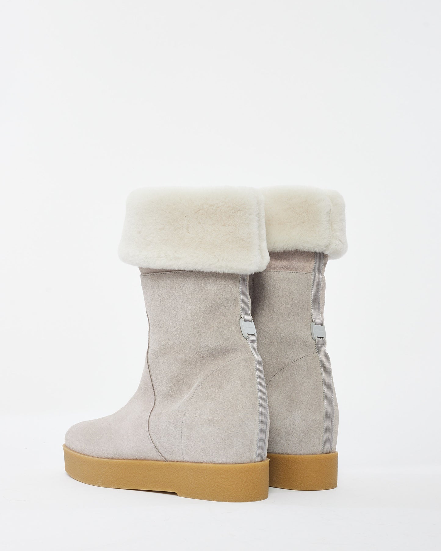 Salvatore Ferragamo Grey Suede 
Fur Wedge Boots - 8.5