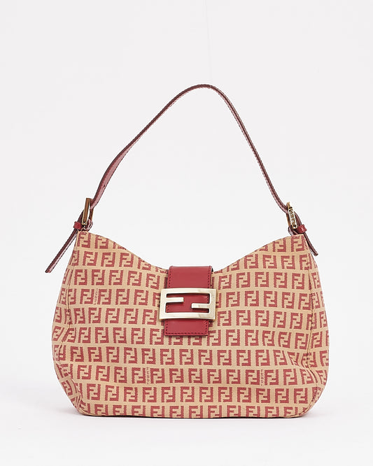 Fendi Red 
Beige Canvas Zucchino Print Shoulder Bag