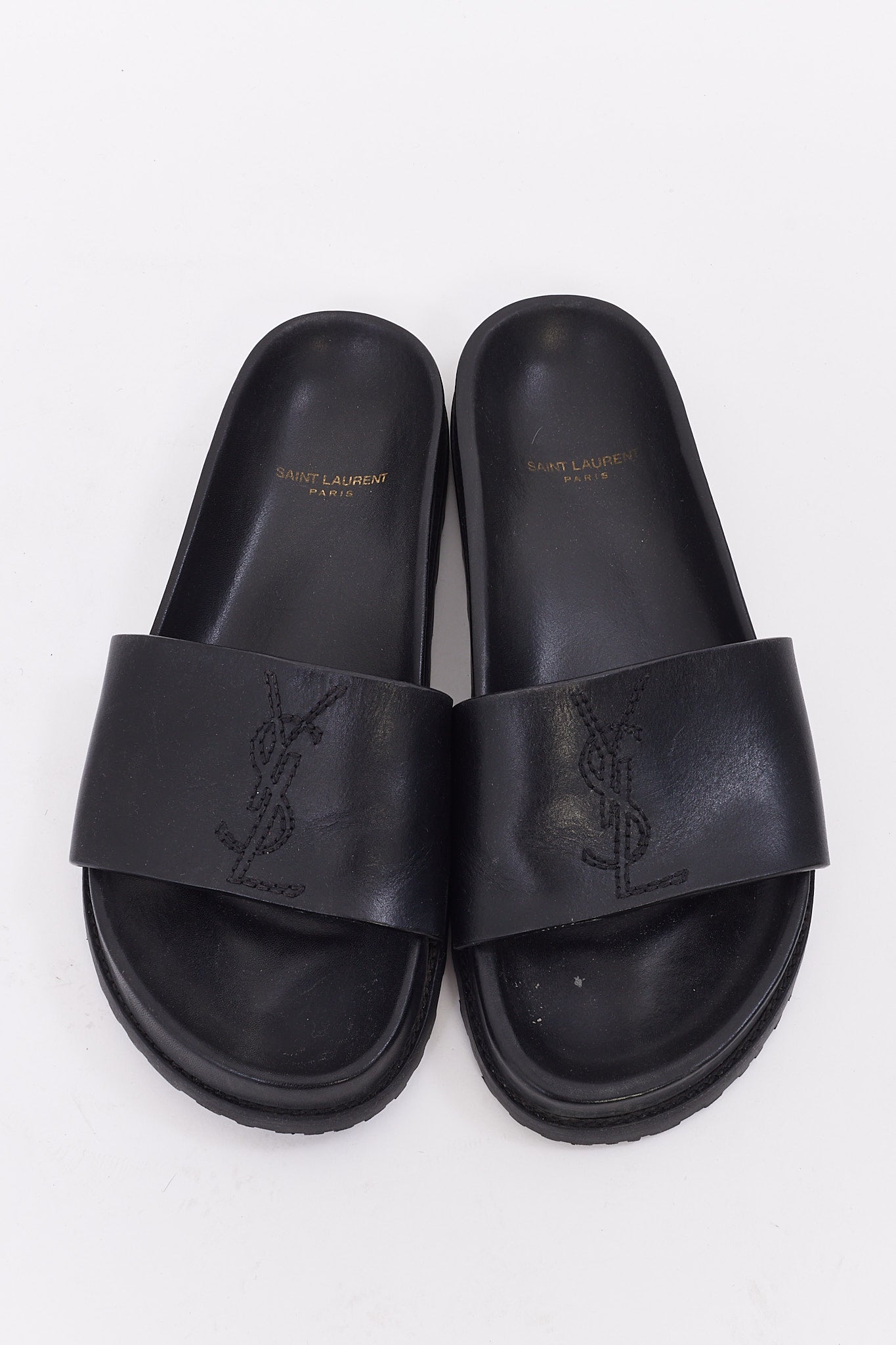 Saint Laurent Black Leather YSL Logo Slides - 36