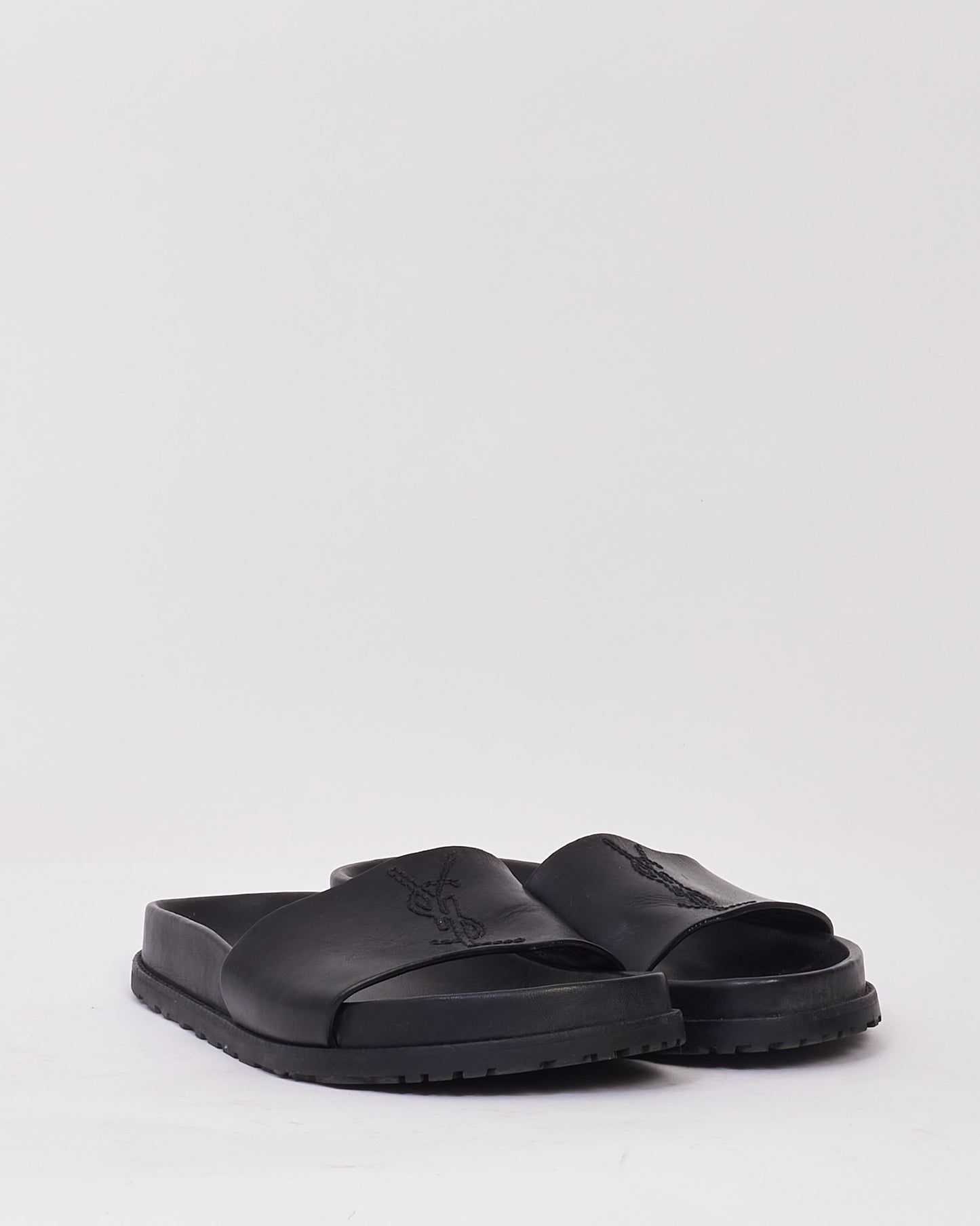 Saint Laurent Black Leather YSL Logo Slides - 36