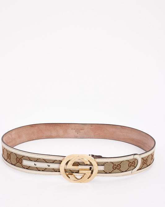 Gucci White Leather 
Beige Monogram GG Canvas G Buckle Belt - 85/34