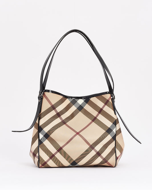 Burberry Beige Canvas 
Patent Leather Check Print Shoulder Bag