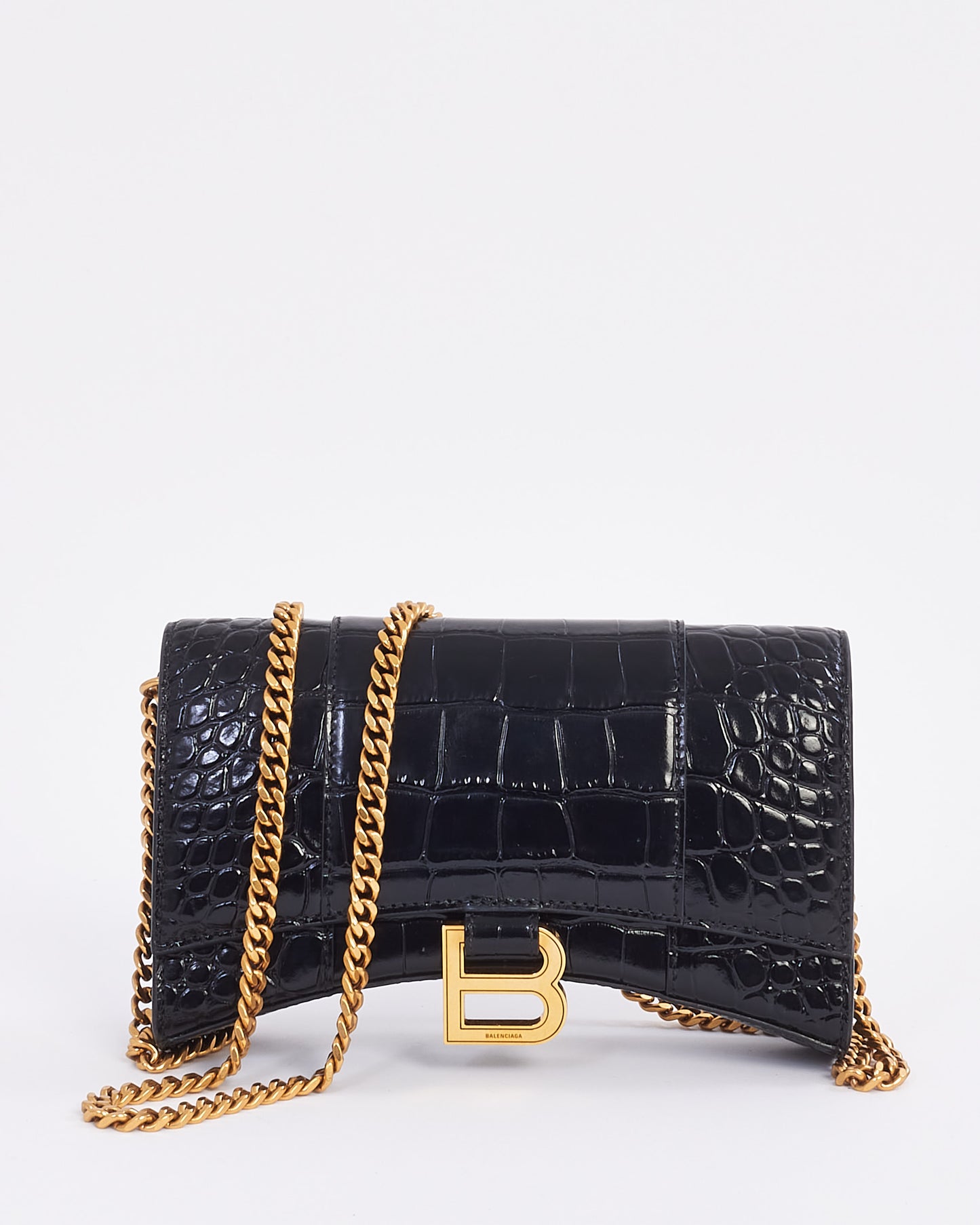 Balenciaga Black Croc Embossed Hourglass Chain Bag