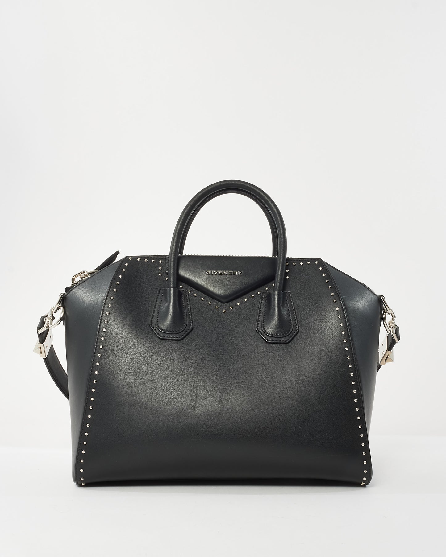 Givenchy Black Leather Studded Large Antigona Top Handle Bag