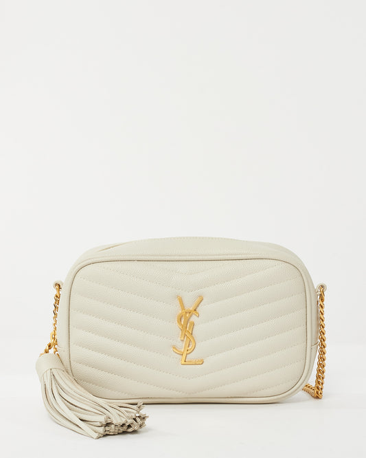 Saint Laurent White Grained De Poudre Embossed Leather Mini Lou Camera Bag