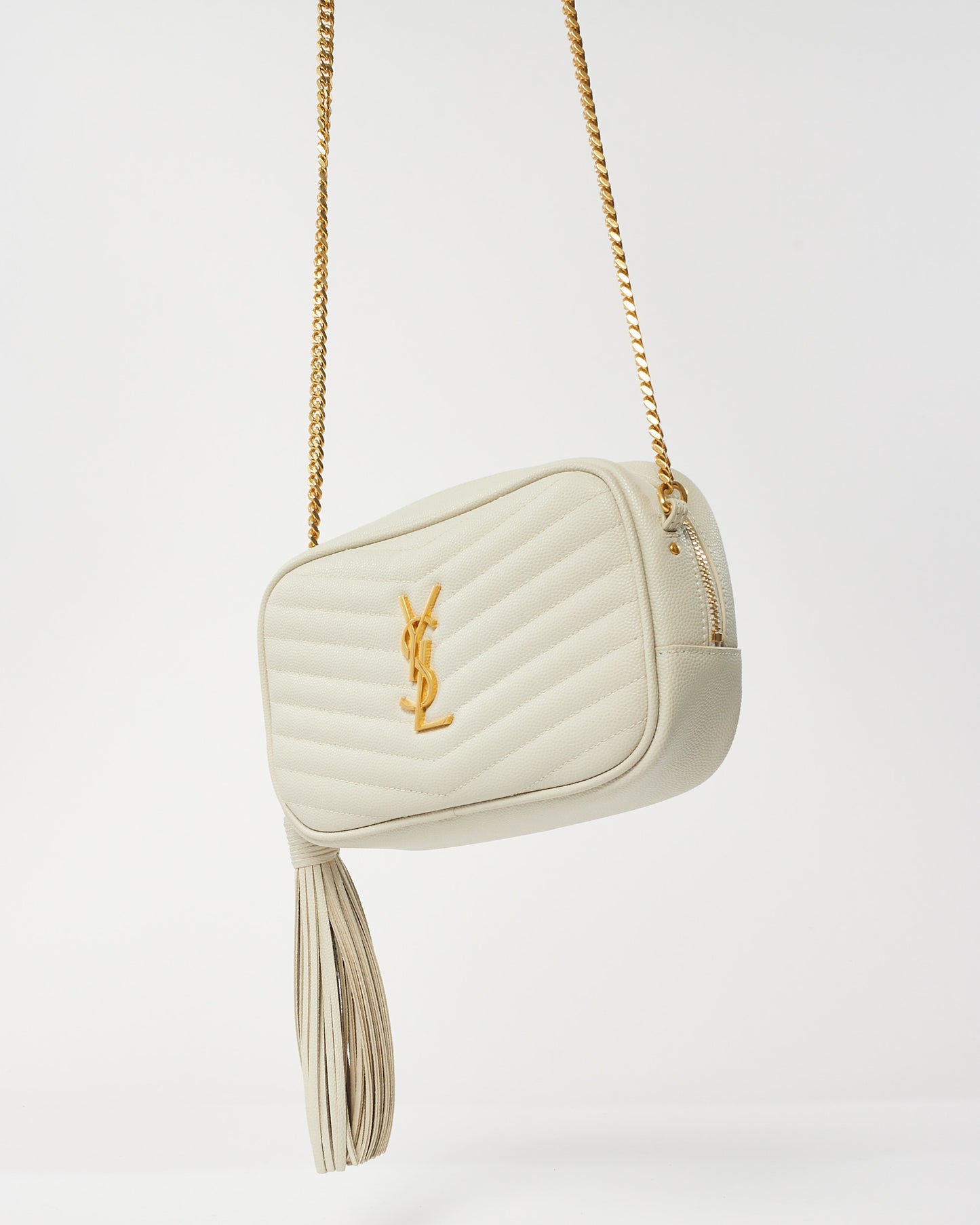 Saint Laurent White Grained De Poudre Embossed Leather Mini Lou Camera Bag