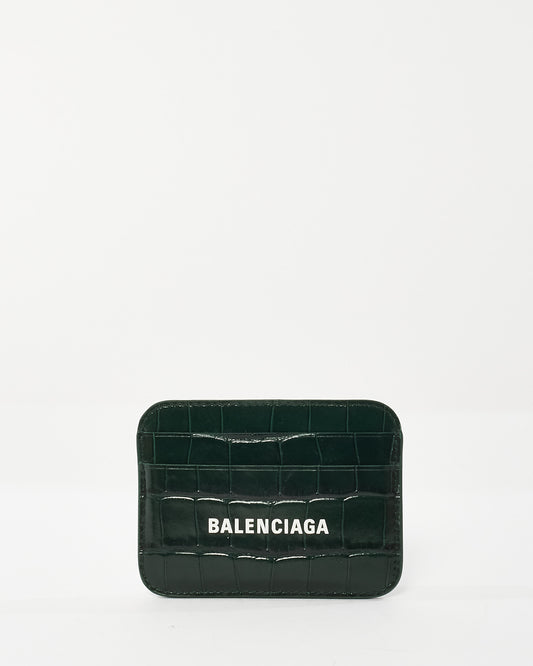 Balenciaga Dark Green Croc Embossed Logo Card Holder