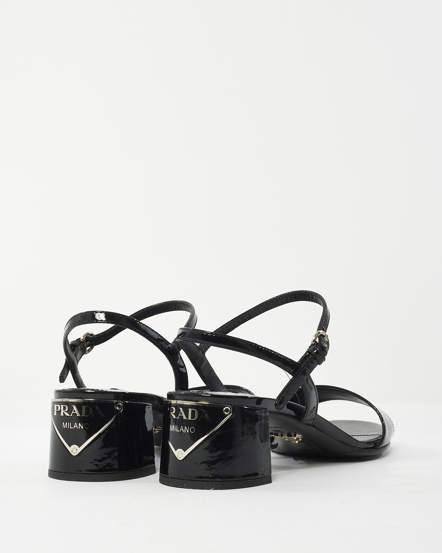 Prada Black Patent Leather Logo Block Heel Sandals - 38