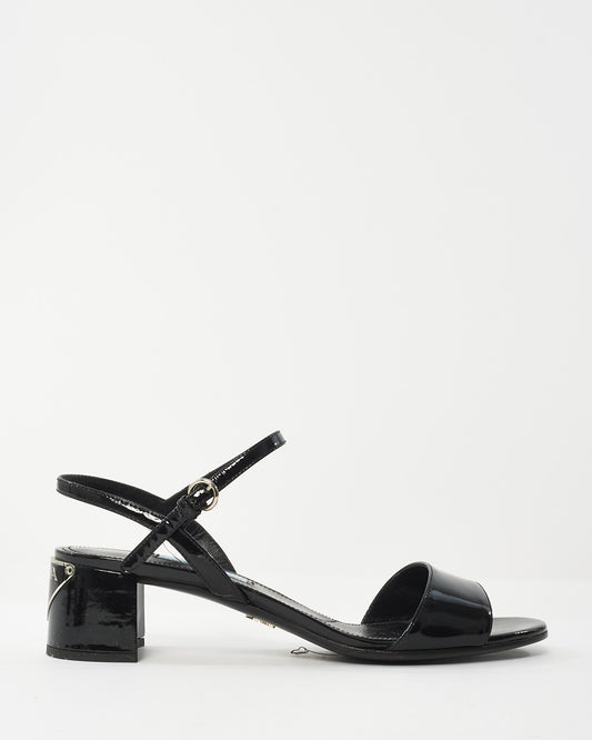 Prada Black Patent Leather Logo Block Heel Sandals - 38