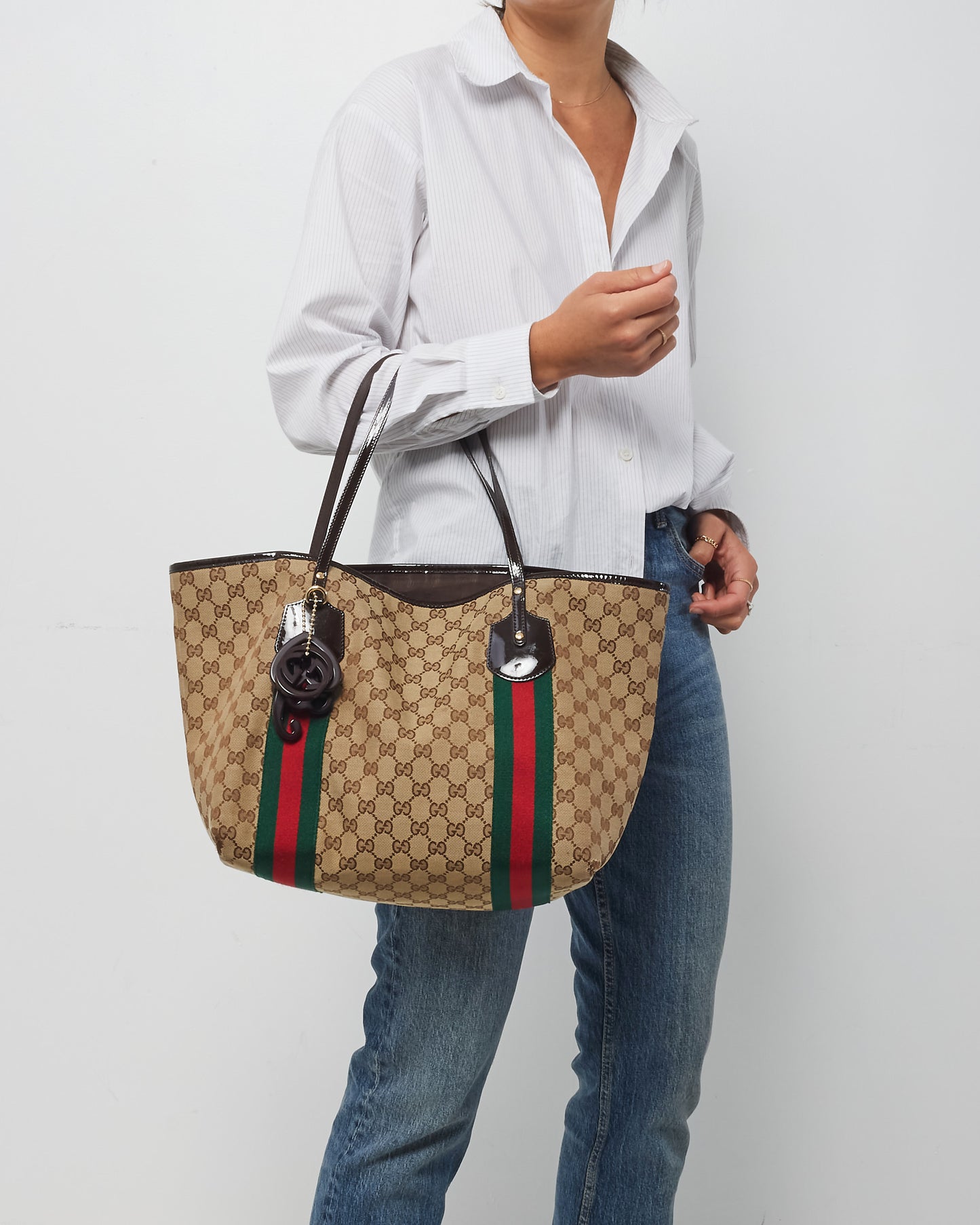 Gucci Beige 
Brown GG Monogram Canvas Ophidia Shopping Tote w/ Charms