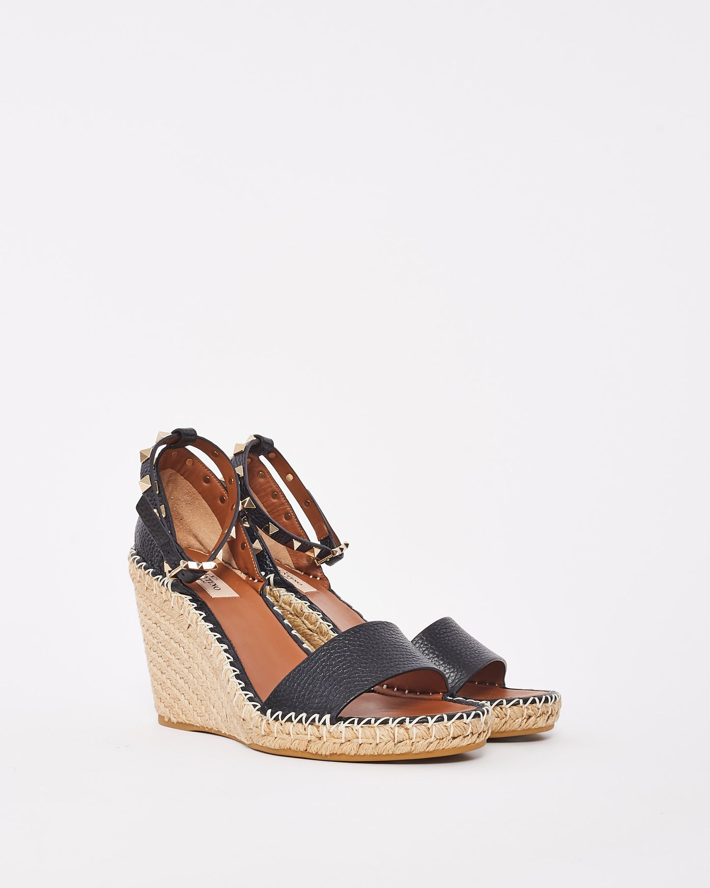 Valentino Black Leather Rockstud Wedges - 40