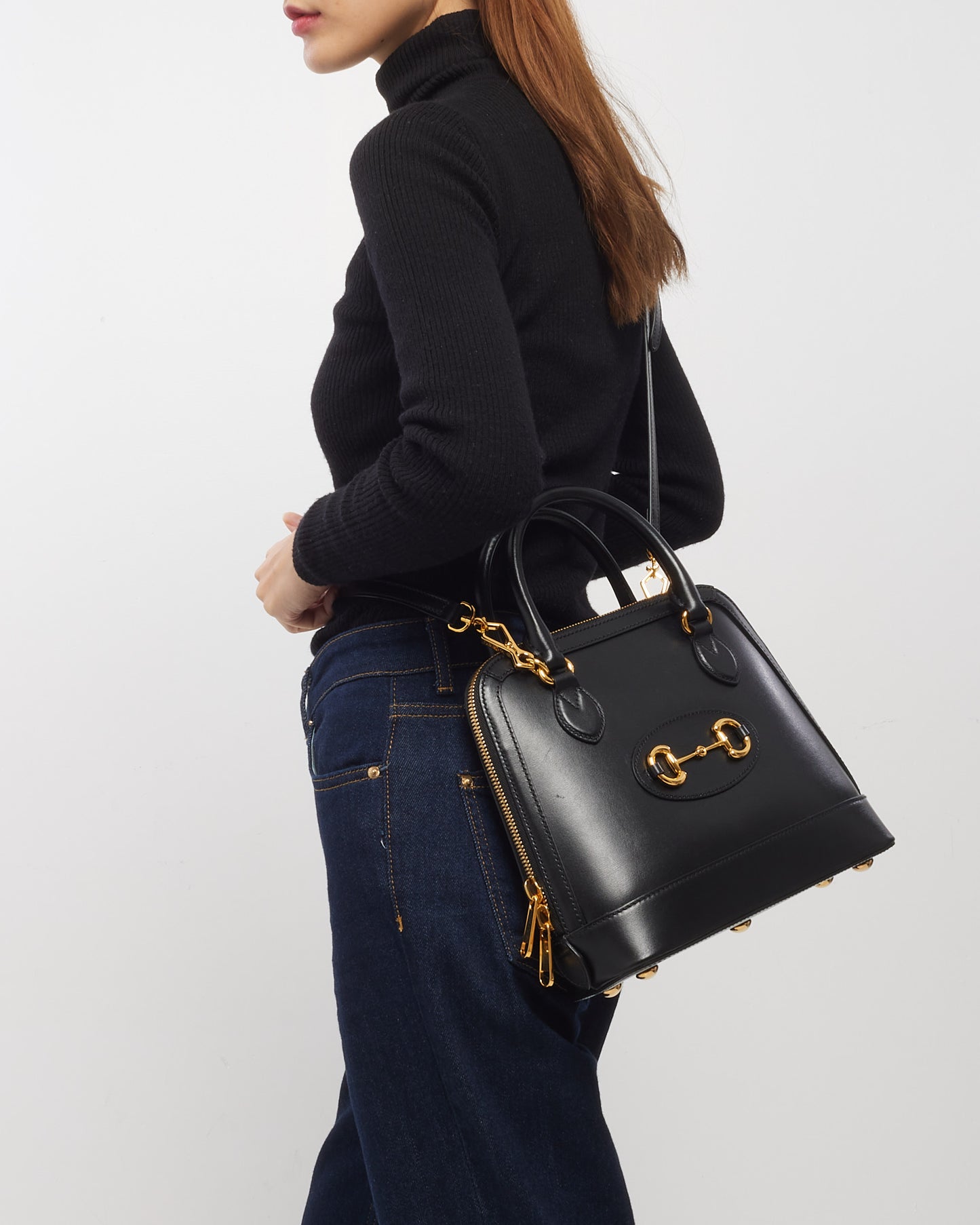 Gucci Black Smooth Leather 1945 Horsebit Top Handle Bag